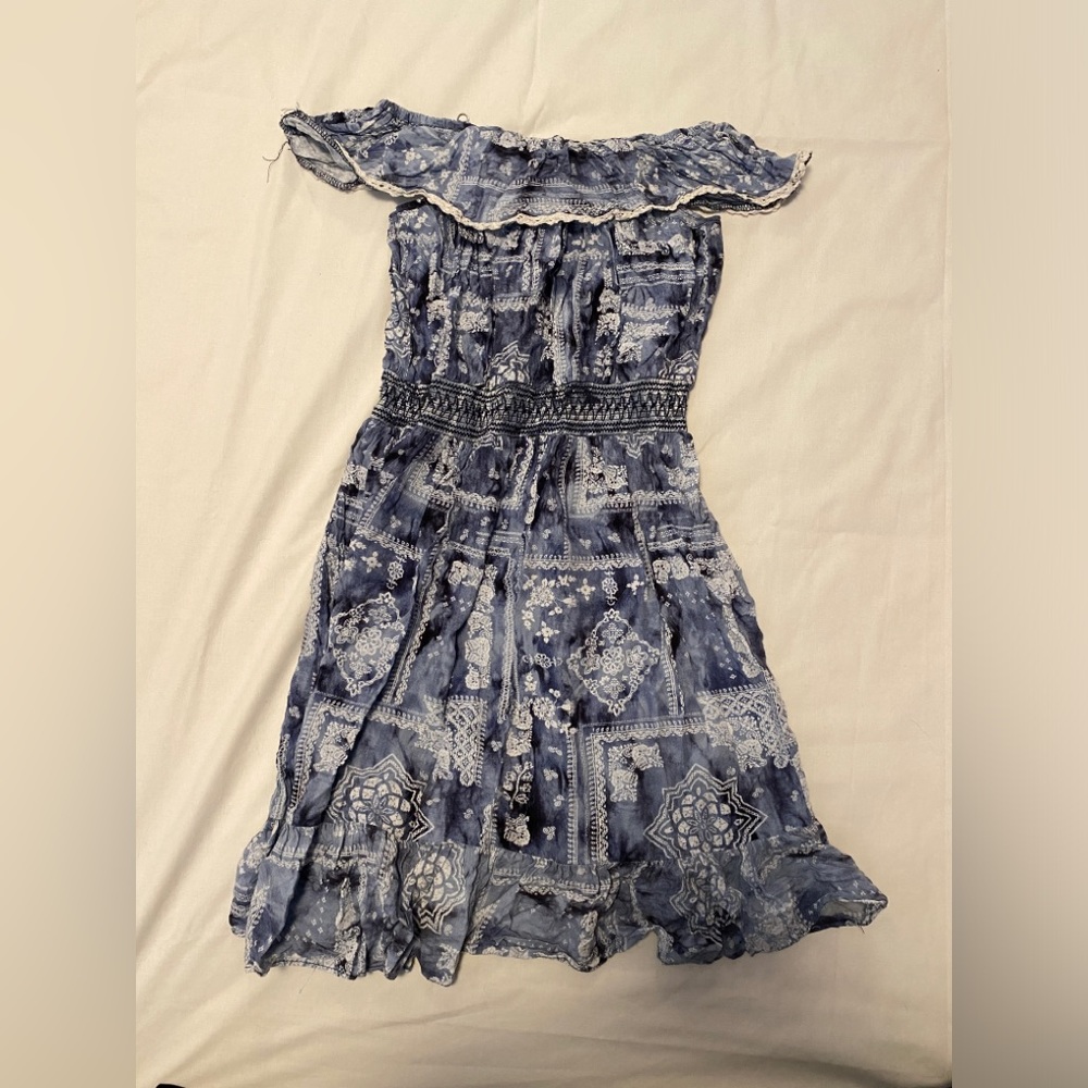 Blue and White Off Shoulder Summer Dress